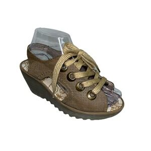 Fly London Ylfa Sandals Womens EU36 5.5US Taupe Slingback Platform Lace Up Wedge